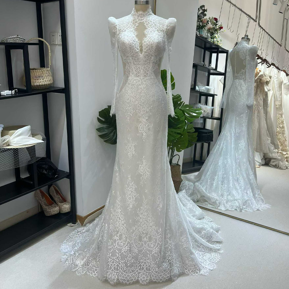 Embroidery Organza - Women's Long Sleeve Turtle Wedding Dress