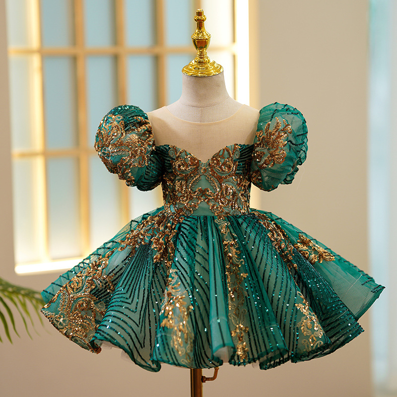 Embroidery Gold - Kids Luxury Party Green Gold Dresses