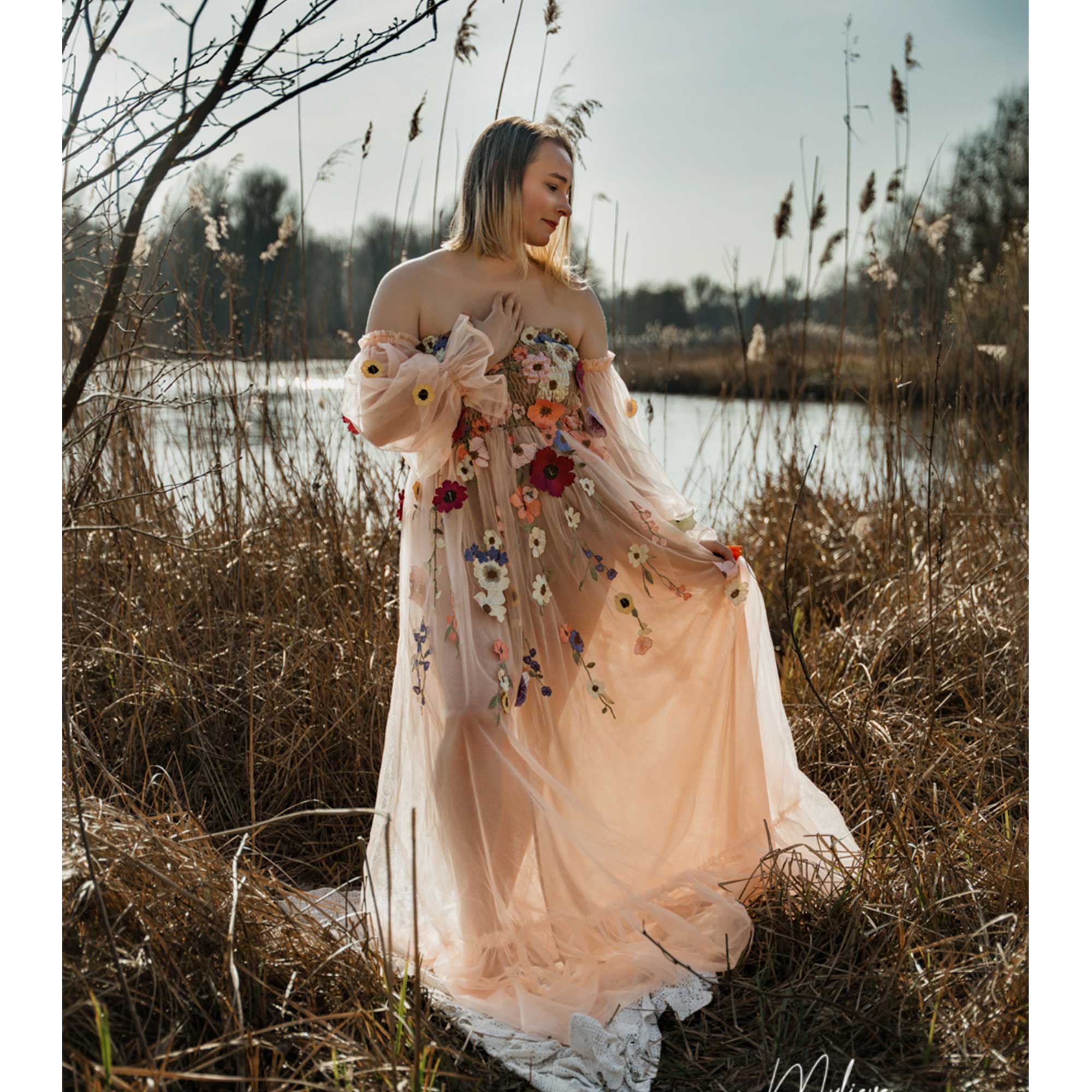 Embroidery Organza - Don&Judy Colorful Organza Off-Shoulder Puffed Sleeves