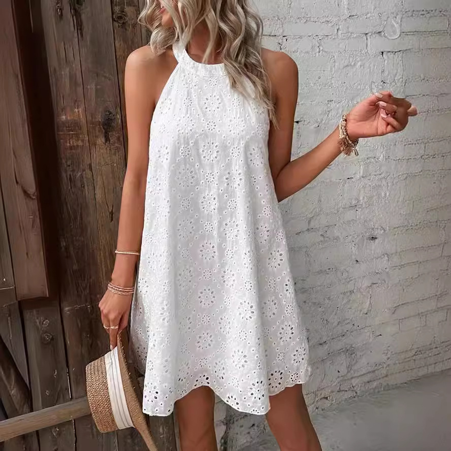 Embroidery Eyelet - Summer Cotton Eyelet Halter Dress, Loose