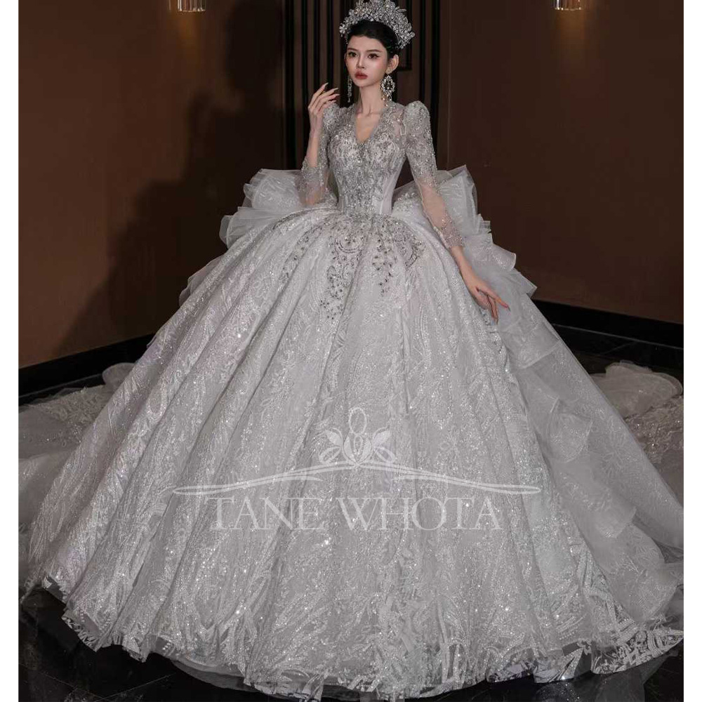 Embroidery Organza - Luxury V Neck Wedding Dress Long