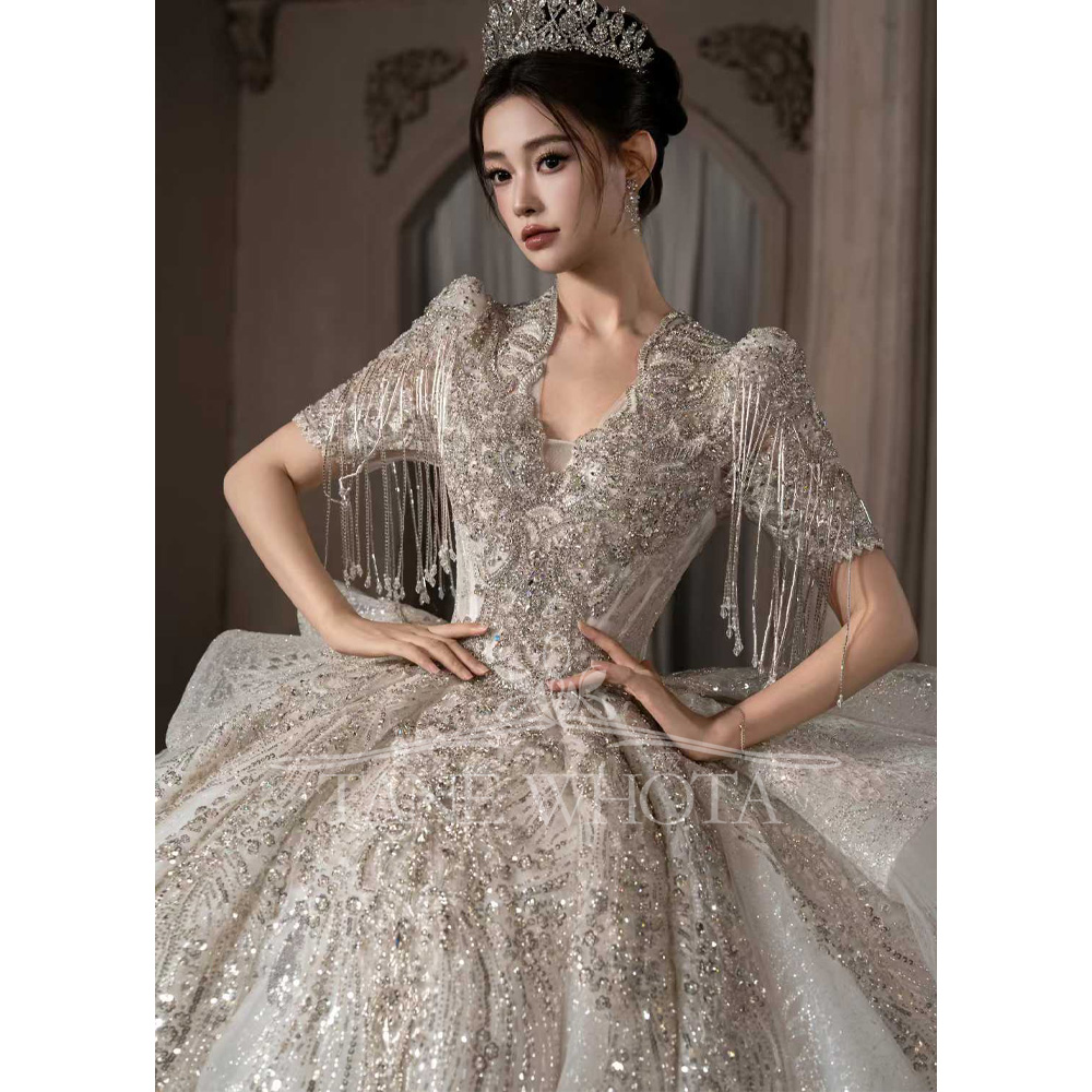Embroidery Organza - Luxury Scalloped Short Sleeve Beaded Sequined