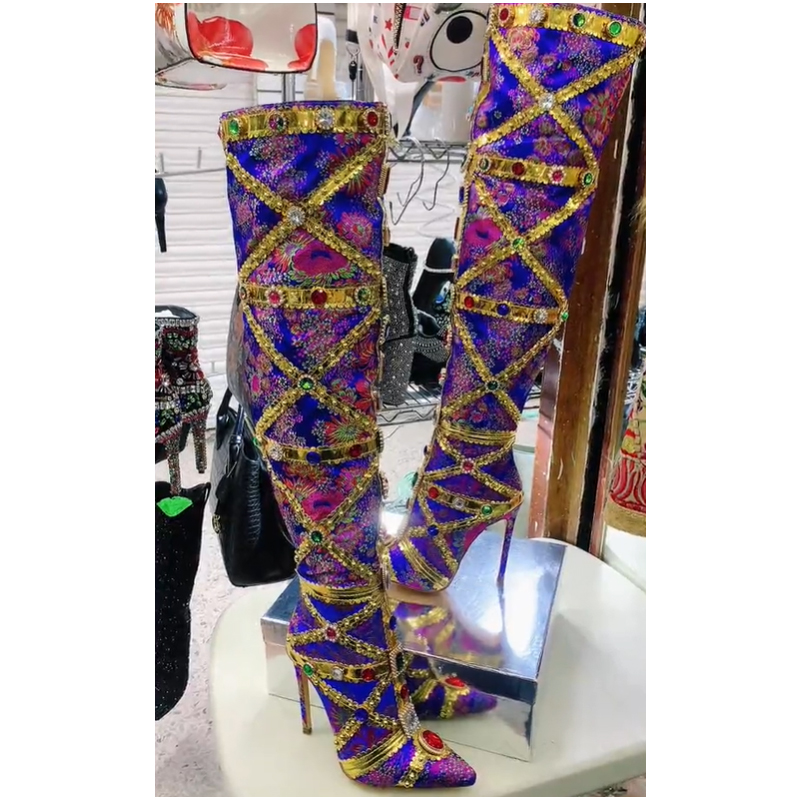 Embroidery Gold - Multicolor Gemstone Gold Trim Stitched Stiletto