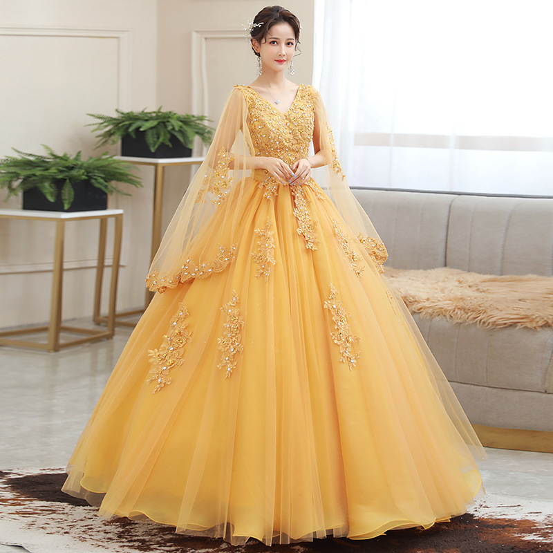 Embroidery Gold - New Gold Embroidery Long Puffy Dress