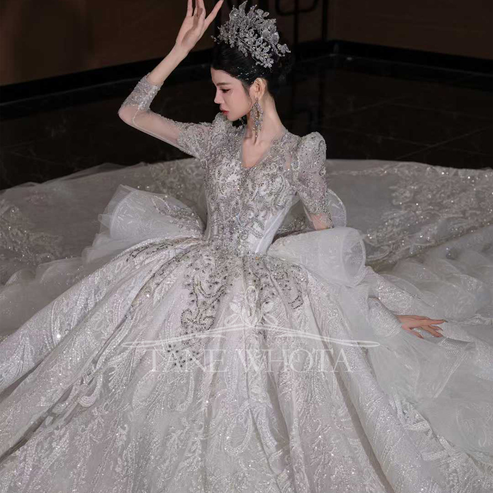 Luxury V Neck Wedding Dress Lo - Embroidery Organza ulasan dan harga