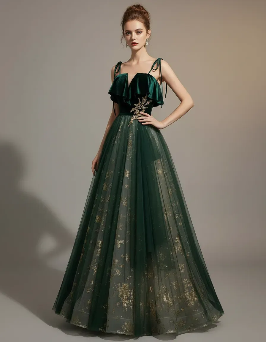 Emerald Green Velvet Top Tulle - Embroidery Gold ulasan dan harga