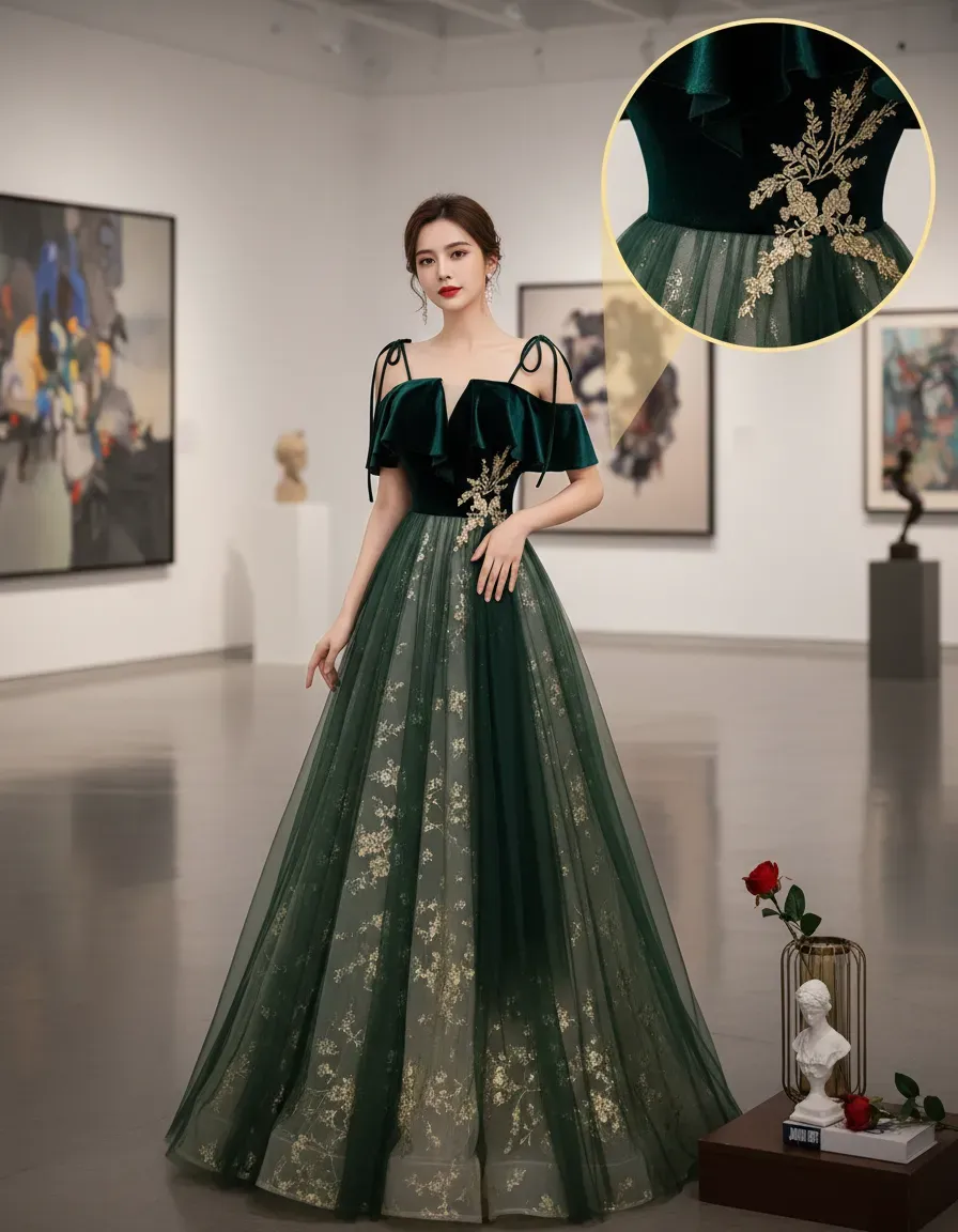 Emerald Green Velvet Top Tulle - Embroidery Gold ulasan dan harga