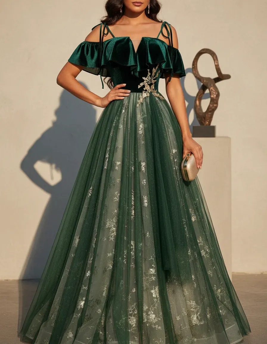 Emerald Green Velvet Top Tulle - Embroidery Gold ulasan dan harga